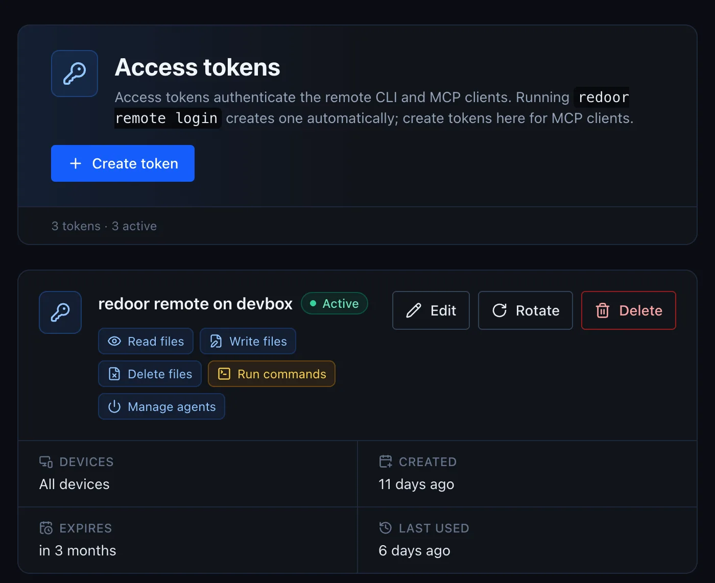 Access tokens page showing a token with read, write, delete, run commands and manage agents permissions