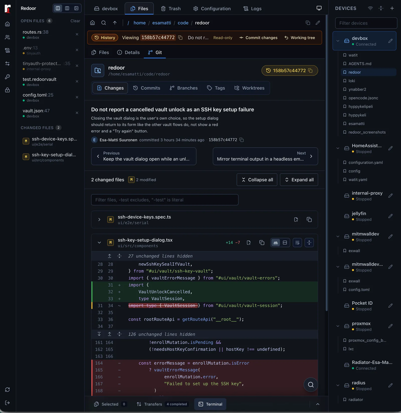 Git history viewer showing a commit message and its diff