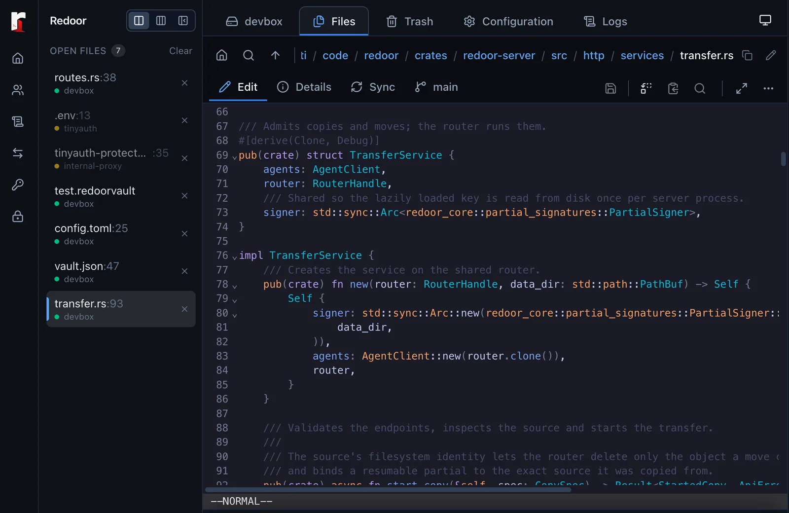 Editor showing Rust code in Vim normal mode, with open files listed in the sidebar