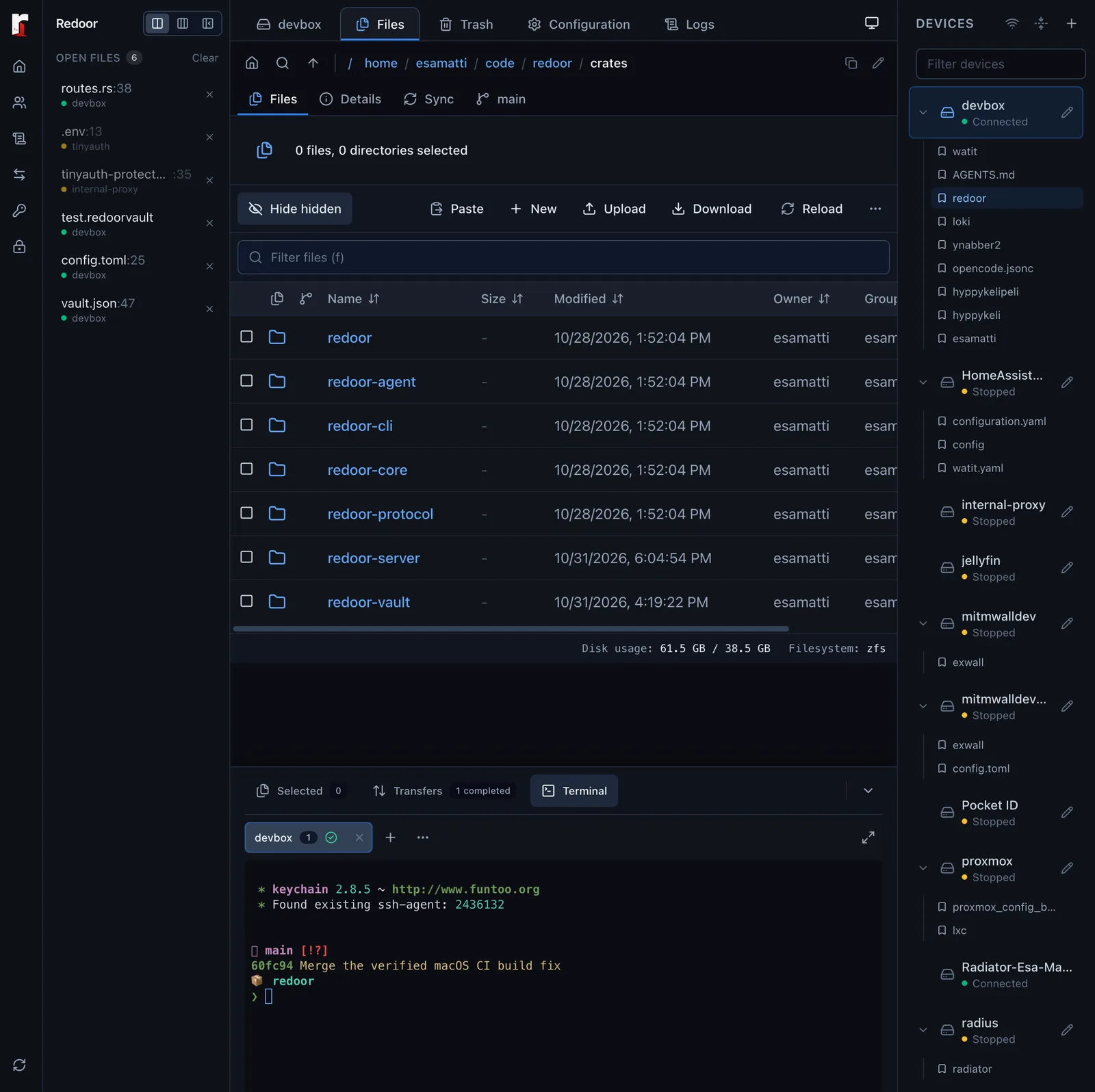 Redoor file browser listing a directory, with open files on the left, the device list on the right and a terminal at the bottom