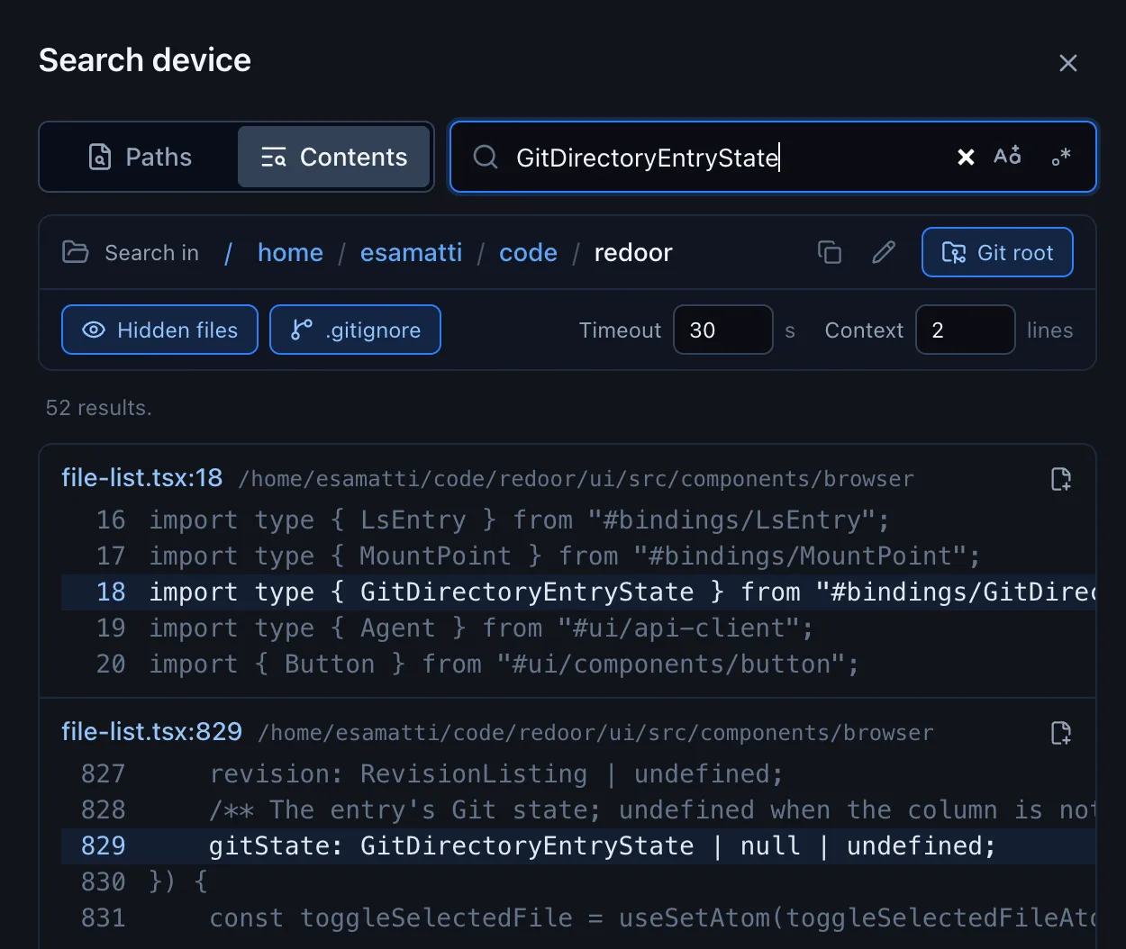 Search device dialog showing content search results with context lines