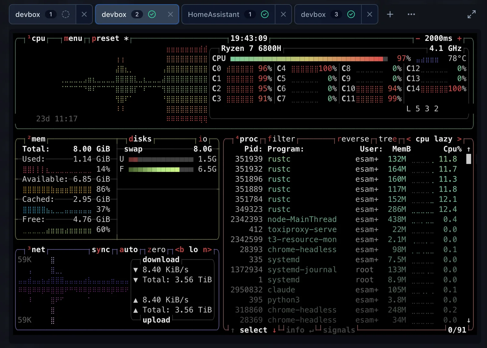 Terminal drawer with sessions on several devices, running btop