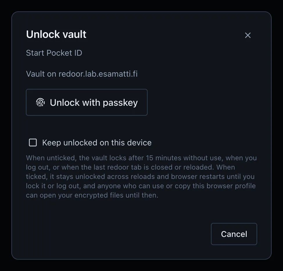 Unlock vault dialog with an Unlock with passkey button