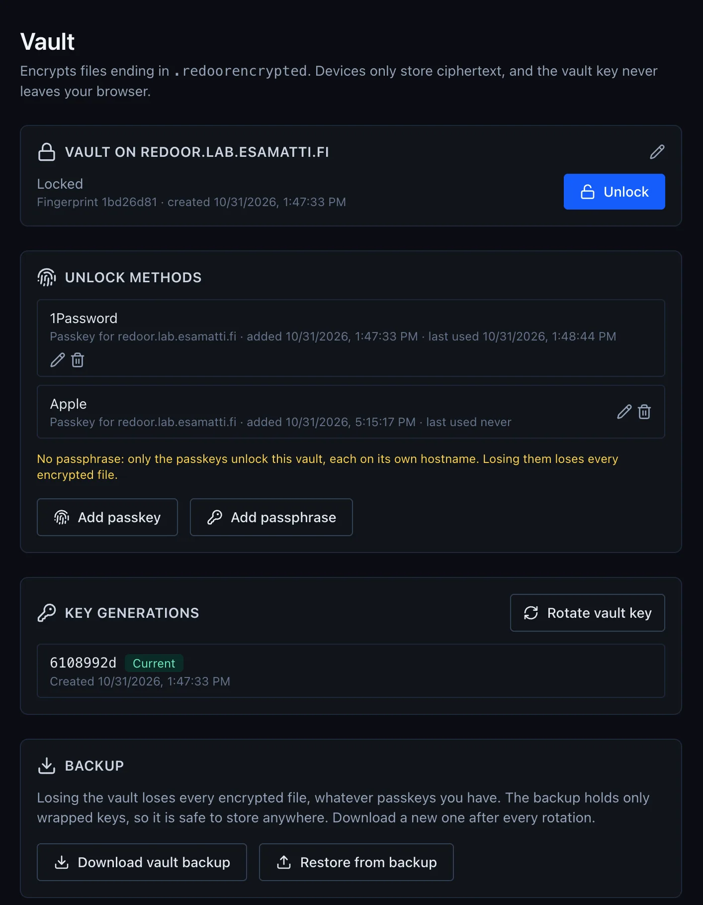 Vault settings with passkey unlock methods, key generations and backup